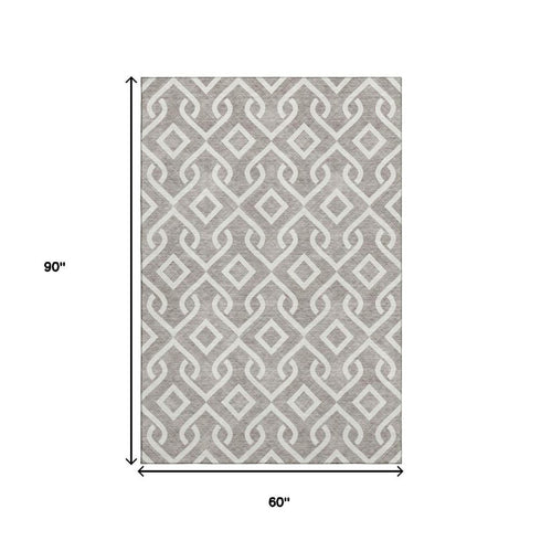 5' X 8' Taupe And Ivory Geometric Washable Area Rug With UV Protection