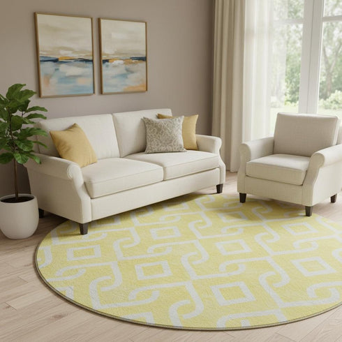 8' Yellow And Ivory Geometric Washable Round Rug With UV Protection