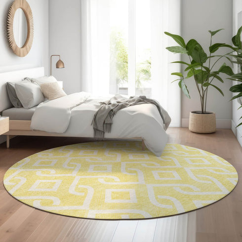 8' Yellow And Ivory Geometric Washable Round Rug With UV Protection