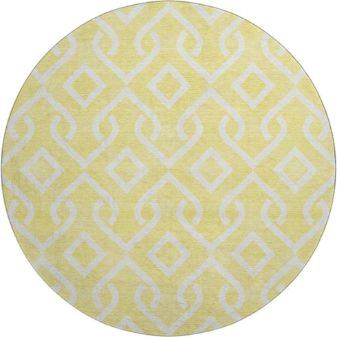 8' Yellow And Ivory Geometric Washable Round Rug With UV Protection
