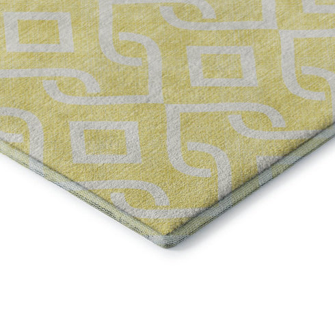 8' Yellow And Ivory Geometric Washable Round Rug With UV Protection