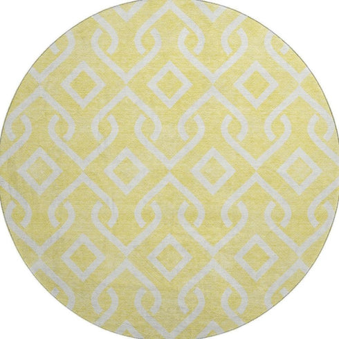 8' Yellow And Ivory Geometric Washable Round Rug With UV Protection