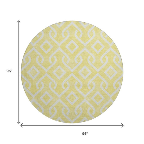 8' Yellow And Ivory Geometric Washable Round Rug With UV Protection