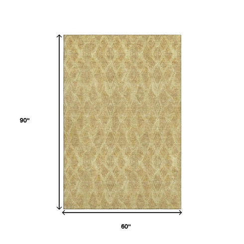 5' X 8' Gold And Beige Diamond Washable Area Rug With UV Protection