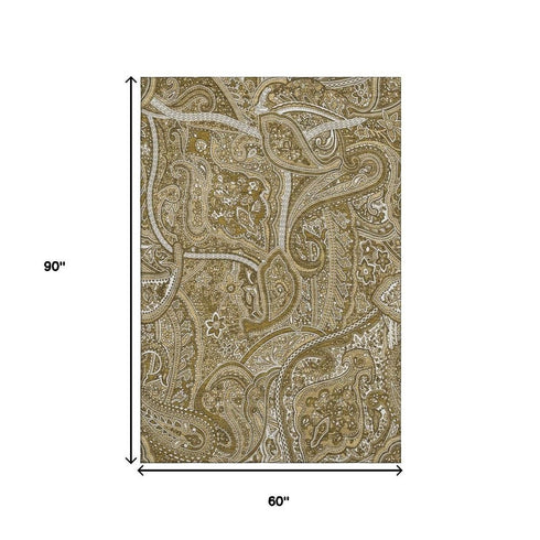 5' X 8' Brown And Ivory Paisley Washable Area Rug With UV Protection