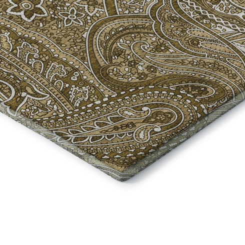 5' X 8' Brown And Ivory Paisley Washable Area Rug With UV Protection