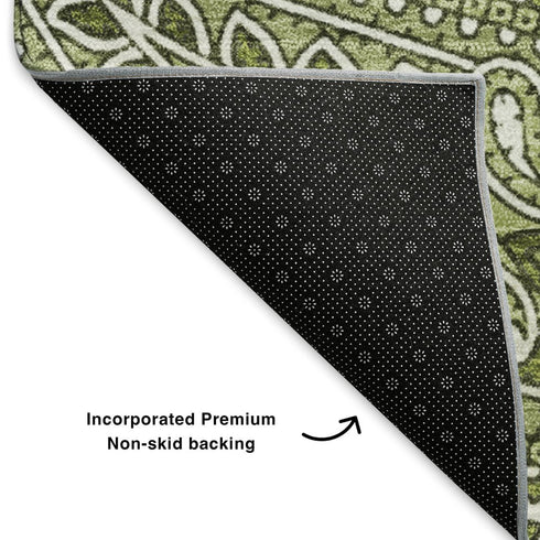 5' X 8' Green And Ivory Paisley Washable Area Rug With UV Protection