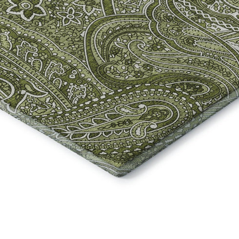 5' X 8' Green And Ivory Paisley Washable Area Rug With UV Protection