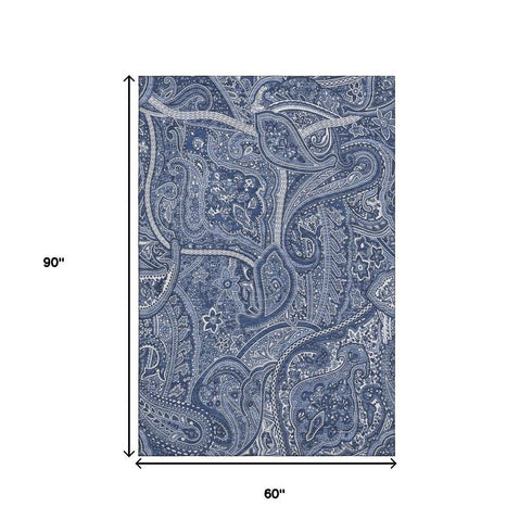 5' X 8' Navy Blue And Ivory Paisley Washable Area Rug With UV Protection