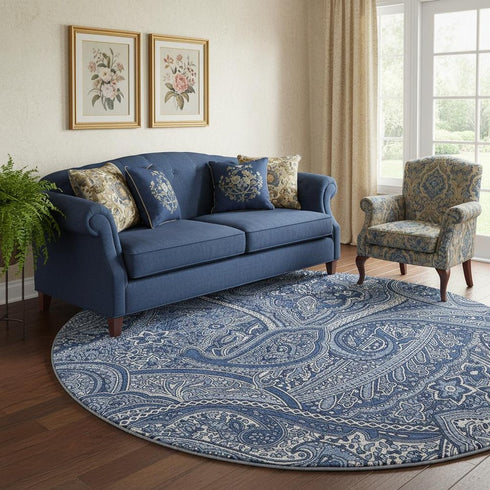 8' Navy Blue And Ivory Paisley Washable Round Rug With UV Protection
