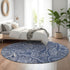 8' Navy Blue And Ivory Paisley Washable Round Rug With UV Protection