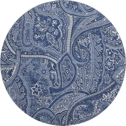 8' Navy Blue And Ivory Paisley Washable Round Rug With UV Protection