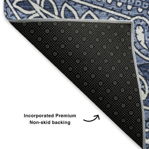 8' Navy Blue And Ivory Paisley Washable Round Rug With UV Protection
