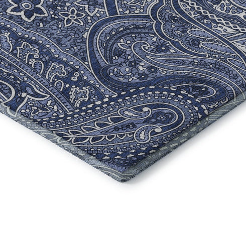 8' Navy Blue And Ivory Paisley Washable Round Rug With UV Protection