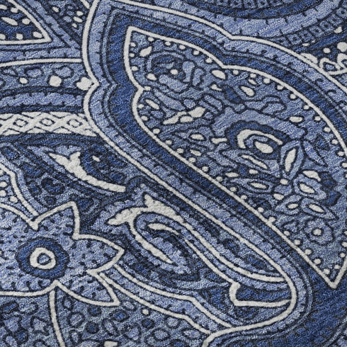 8' Navy Blue And Ivory Paisley Washable Round Rug With UV Protection