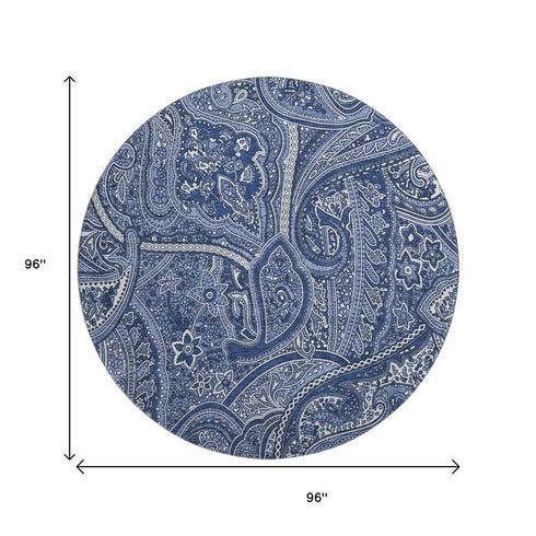 8' Navy Blue And Ivory Paisley Washable Round Rug With UV Protection