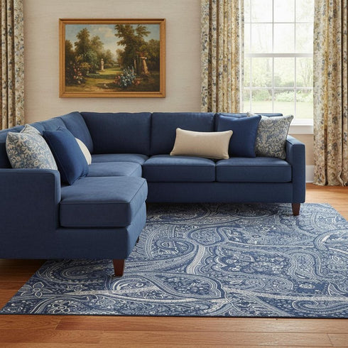 8' X 10' Navy Blue And Ivory Paisley Washable Area Rug With UV Protection