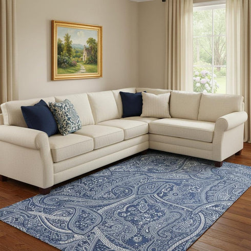 8' X 10' Navy Blue And Ivory Paisley Washable Area Rug With UV Protection