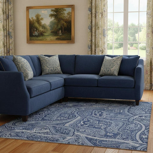8' X 10' Navy Blue And Ivory Paisley Washable Area Rug With UV Protection