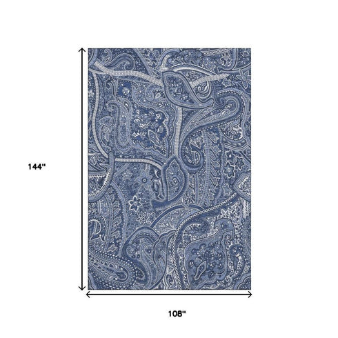 9' X 12' Navy Blue And Ivory Paisley Washable Area Rug With UV Protection