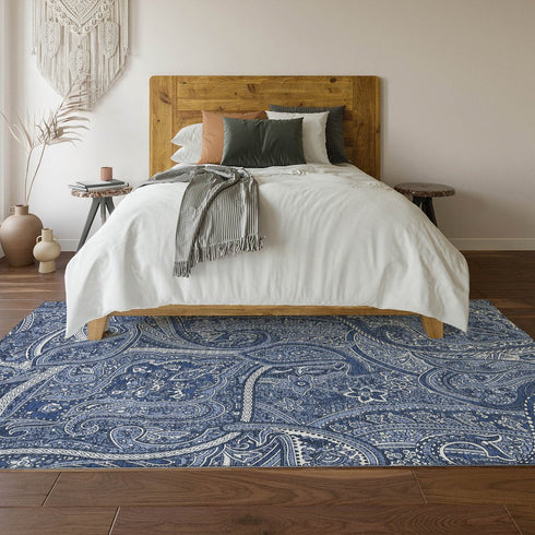 9' X 12' Navy Blue And Ivory Paisley Washable Area Rug With UV Protection