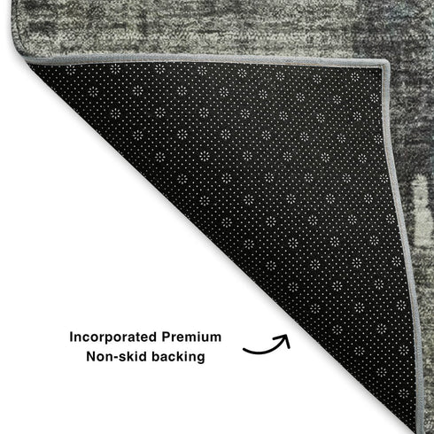 8' Charcoal Ivory And Gold Abstract Washable Round Rug With UV Protection