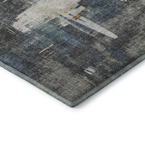 8' Charcoal Ivory And Gold Abstract Washable Round Rug With UV Protection