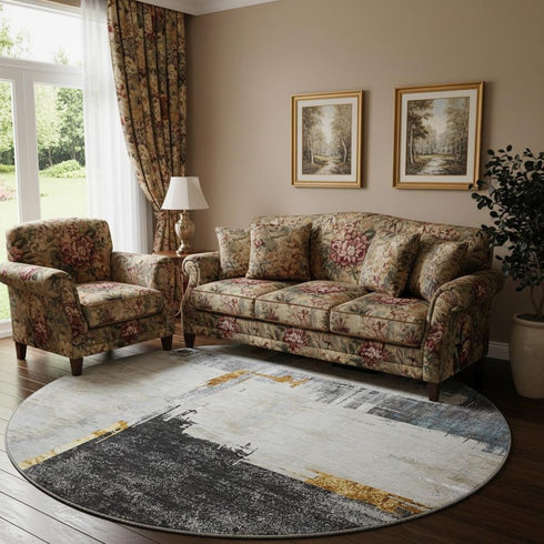 8' Charcoal Ivory And Gold Abstract Washable Round Rug With UV Protection