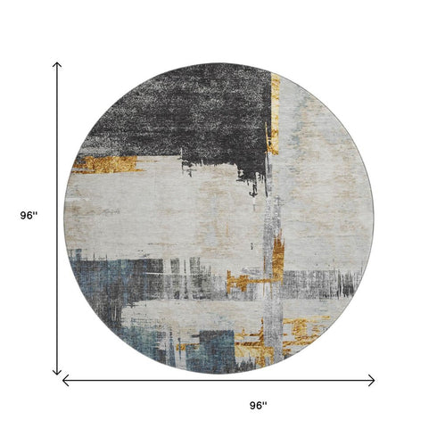8' Charcoal Ivory And Gold Abstract Washable Round Rug With UV Protection