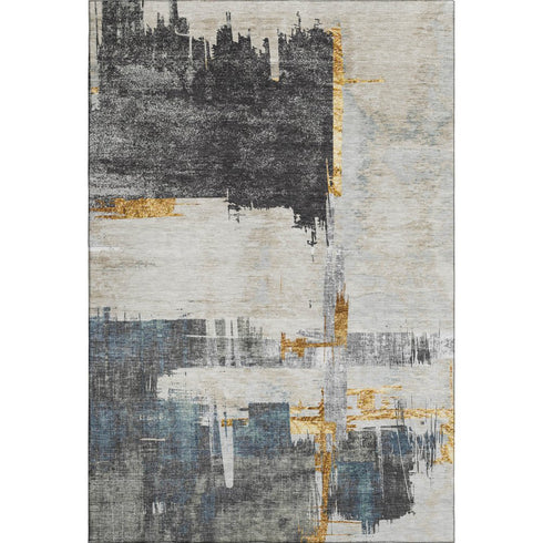 8' X 10' Charcoal Ivory And Gold Abstract Washable Area Rug With UV Protection