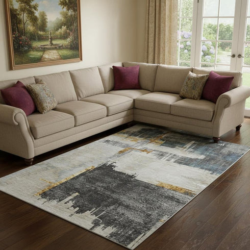 8' X 10' Charcoal Ivory And Gold Abstract Washable Area Rug With UV Protection