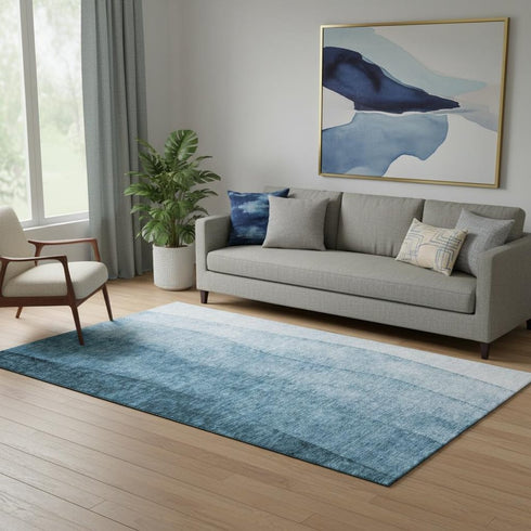 5' X 8' Blue And Ivory Ombre Washable Area Rug With UV Protection