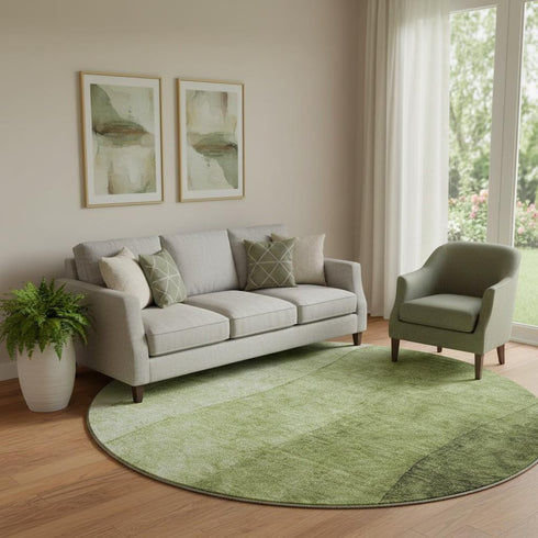 8' Olive Green And Ivory Ombre Washable Round Rug With UV Protection