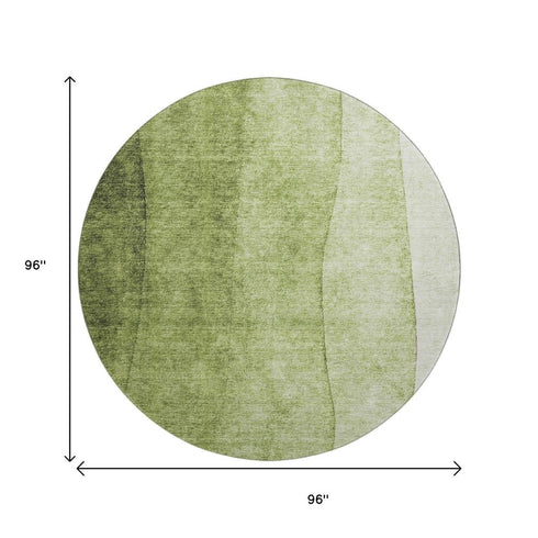 8' Olive Green And Ivory Ombre Washable Round Rug With UV Protection