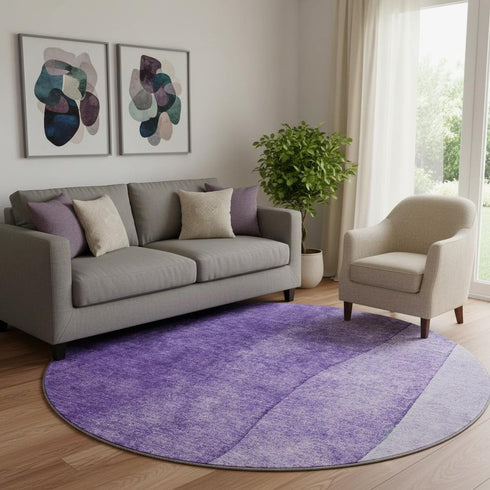 8' Purple And Ivory Ombre Washable Round Rug With UV Protection