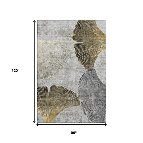 8' X 10' Gray Gold And Ivory Floral Washable Area Rug With UV Protection