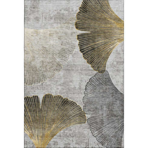 8' X 10' Gray Gold And Ivory Floral Washable Area Rug With UV Protection