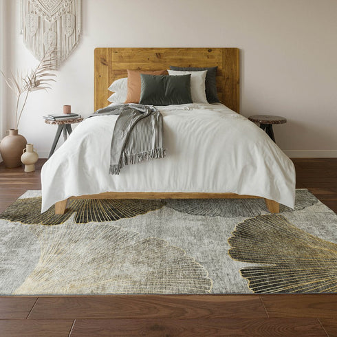 8' X 10' Gray Gold And Ivory Floral Washable Area Rug With UV Protection
