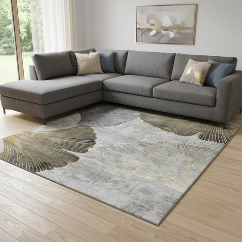 8' X 10' Gray Gold And Ivory Floral Washable Area Rug With UV Protection