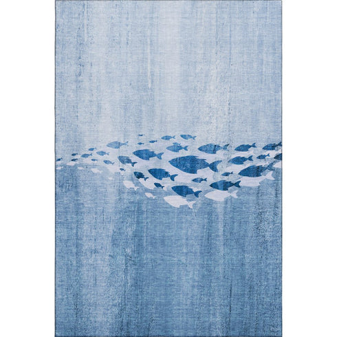 8' X 10' Blue And Ivory Nautical Washable Area Rug With UV Protection
