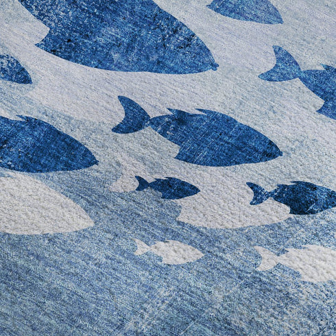 8' X 10' Blue And Ivory Nautical Washable Area Rug With UV Protection
