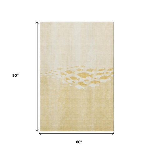 5' X 8' Gold And Ivory Nautical Washable Area Rug With UV Protection