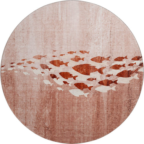 8' Terra Cotta And Ivory Nautical Washable Round Rug With UV Protection