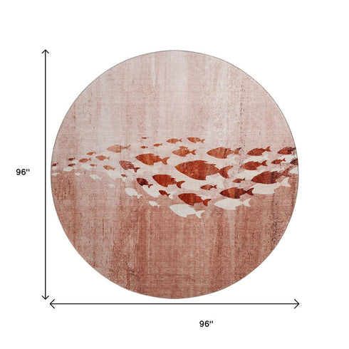 8' Terra Cotta And Ivory Nautical Washable Round Rug With UV Protection