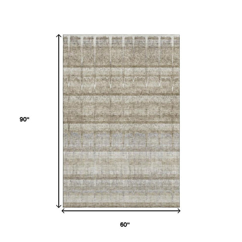 5' X 8' Taupe Gray And Beige Striped Washable Area Rug With UV Protection