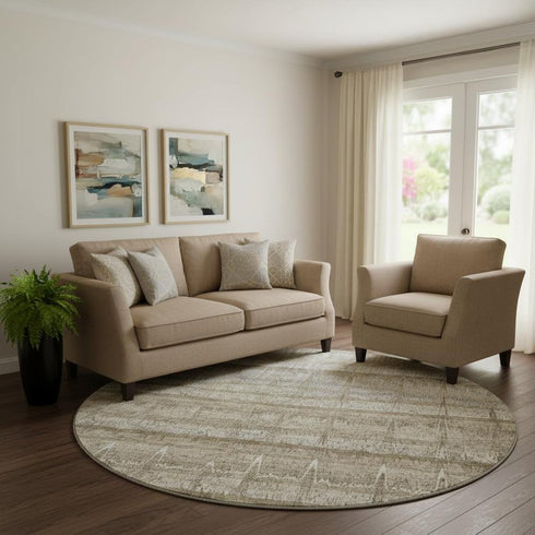 8' Taupe Gray And Beige Striped Washable Round Rug With UV Protection