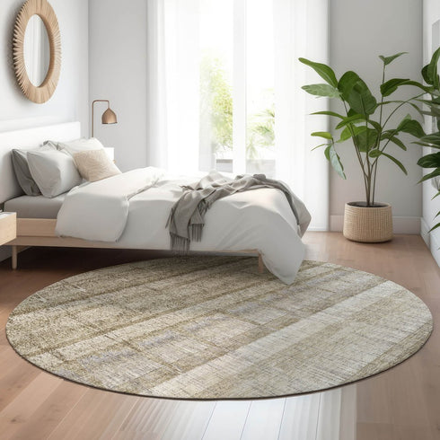 8' Taupe Gray And Beige Striped Washable Round Rug With UV Protection