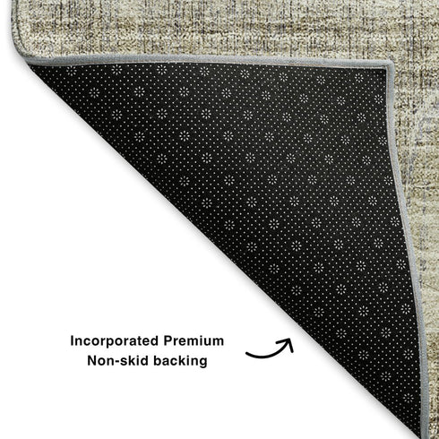 8' Taupe Gray And Beige Striped Washable Round Rug With UV Protection