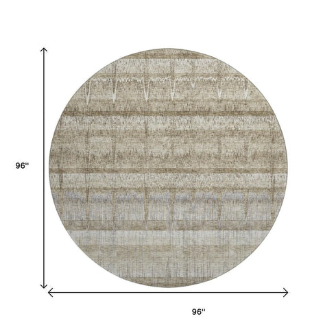 8' Taupe Gray And Beige Striped Washable Round Rug With UV Protection