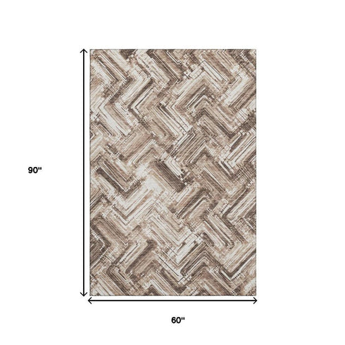 5' X 8' Brown And Ivory Chevron Washable Area Rug With UV Protection